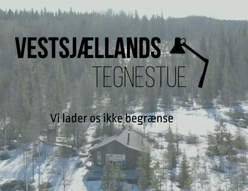 Vestsjællands Tegnestues logo og tagline 'Vi lader os ikke begrænse' over et vinterlandskab med en hytte i skoven